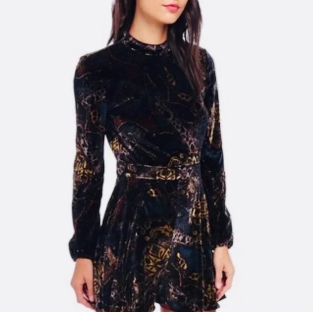 Free People Open Back Printed Velvet Romper, Emerald Mix, size 4